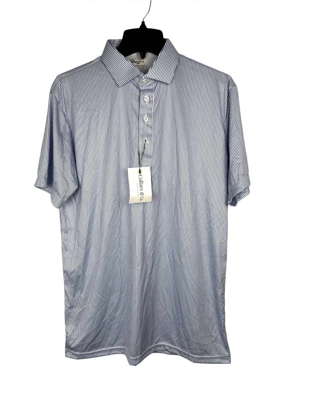 Collars & Co Polo Shirt Mens Large Blue Striped Dress Collar Golf Performance